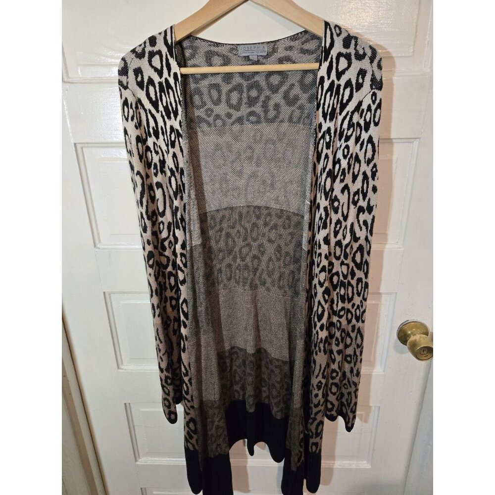 Joseph A. Womens Sweater Cardigan Tan Animal Print Long Open Front Size M